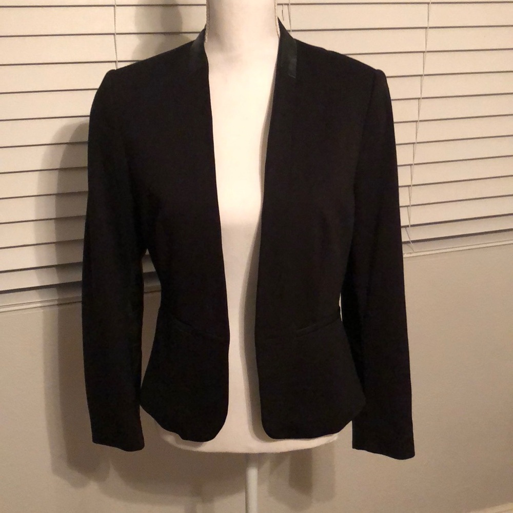 Black collarless blazer with faux leather